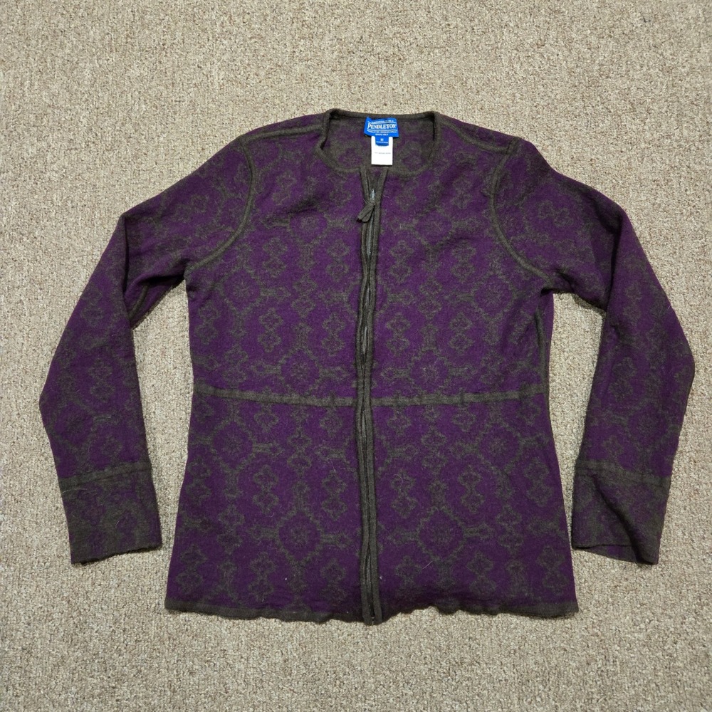 Pendleton‎ Merino Wool Full Zip Sweater Womens Medium Purple Green Fair Isle